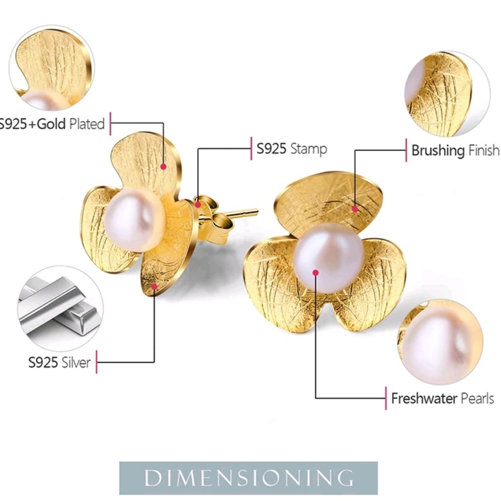 Handmade .925 Silver Gold Pearl Flower Leaf - Picture 3 of 6